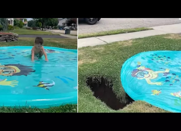 A child playing on a splash pad was almost swallowed by a sinkhole that suddenly appeared in his front yard.