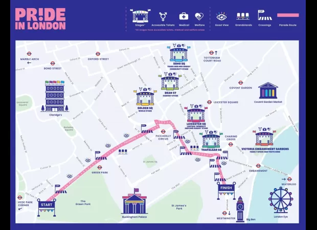 Map of London Pride parade route for today's event