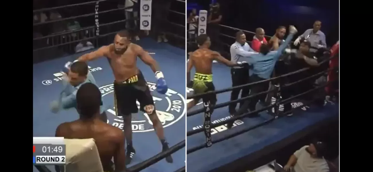 Crowd shocked as referee retaliates against boxer after being hit during match.