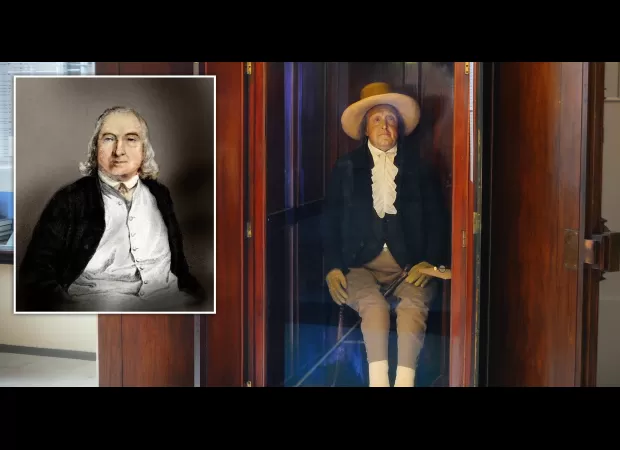 A philosopher's wish for his mummified body to be exhibited was thwarted when his head went missing.