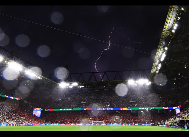 Germany and Denmark soccer match halted due to severe storm during Euro 2024.