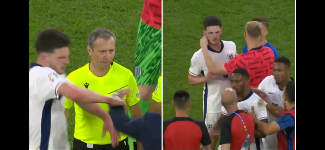 England player Rice angered by Slovakia manager's shove after Euro 2024 match, teammates intervene to calm him down.
