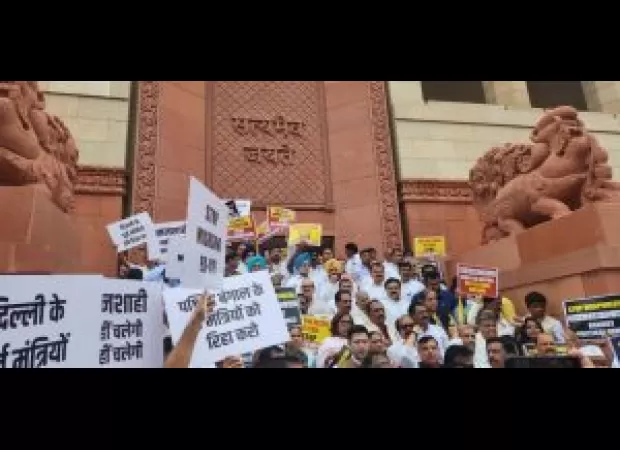 Protest against government by INDIA bloc MPs for misusing agencies to silence opposition.
