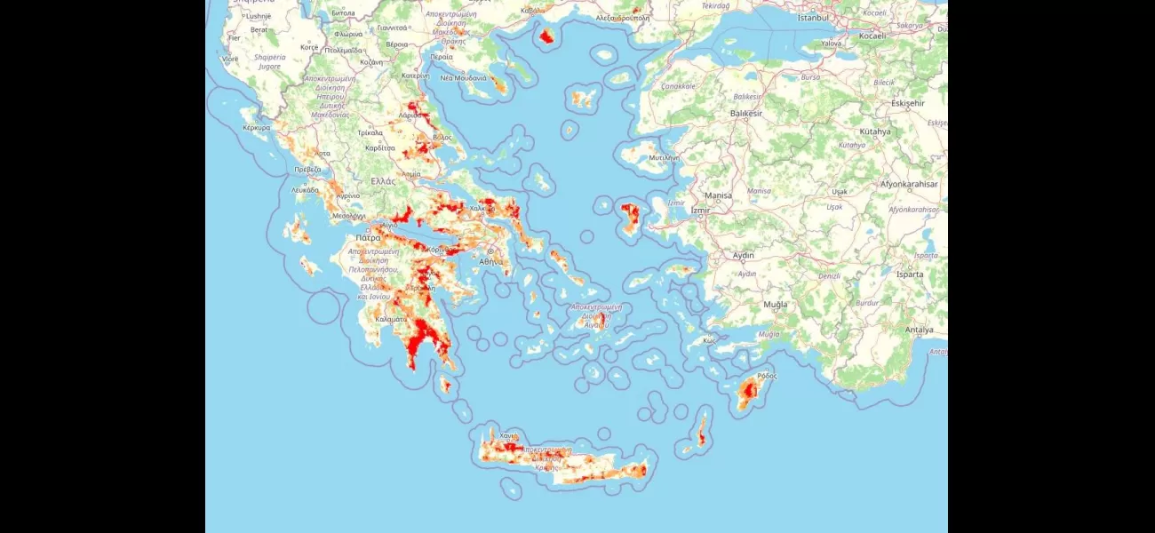 Map displays massive uncontrolled fires expanding throughout Greece in a catastrophic manner.