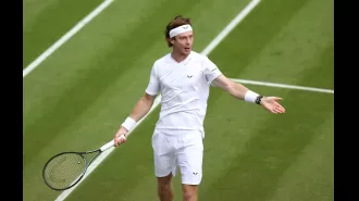 Russian tennis player Andrey Rublev loses control and hits himself with racket during Wimbledon match.