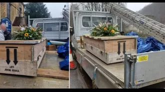 A man constructed his father's coffin from scaffold boards and transported it on a truck to his funeral.
