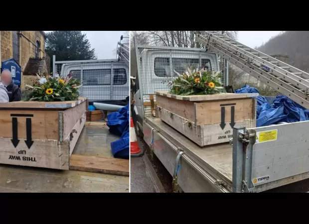 A man constructed his father's coffin from scaffold boards and transported it on a truck to his funeral.
