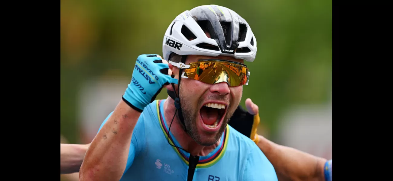 Cavendish celebrates after setting new record for most Tour de France stage victories.