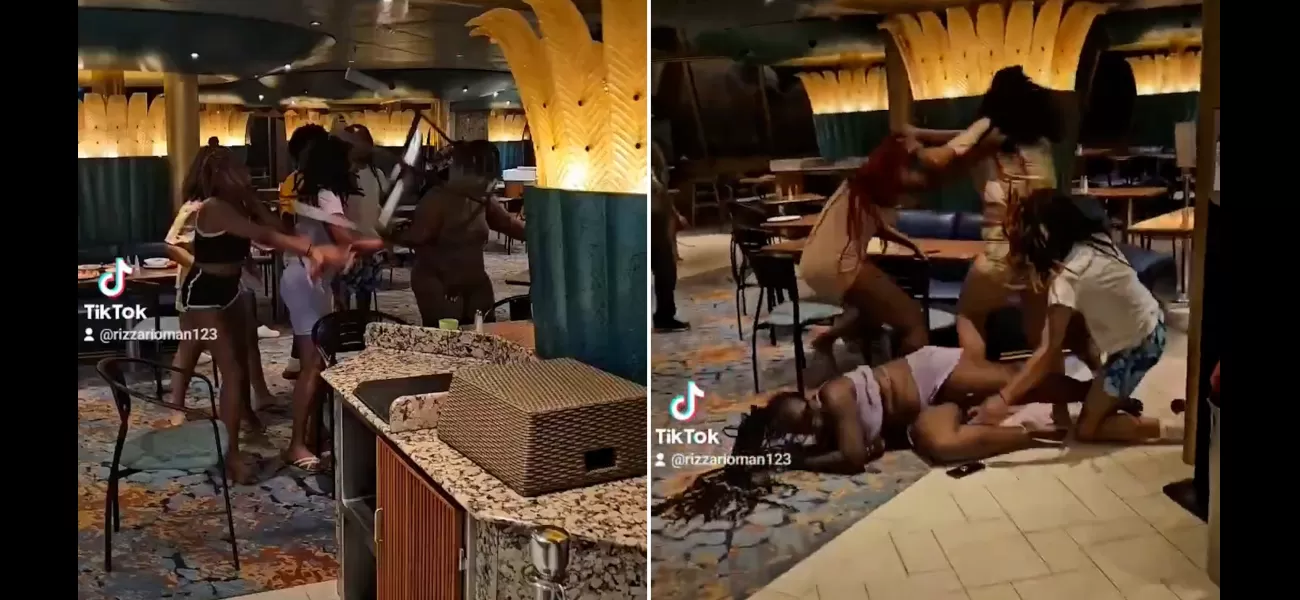 A large brawl breaks out on a cruise ship as women throw chairs and attack each other.