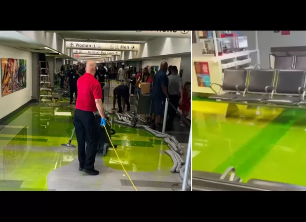 Airport ceiling leaks green liquid, causing travel disruptions during Fourth of July.