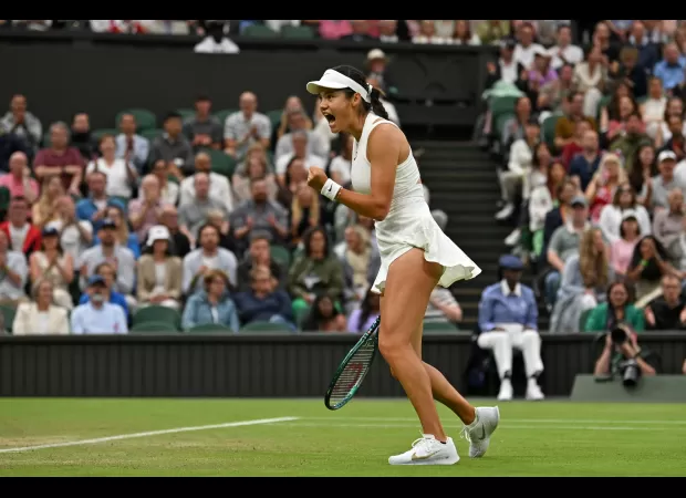 Emma Raducanu shocks Maria Sakkari to tie for top Wimbledon performance.