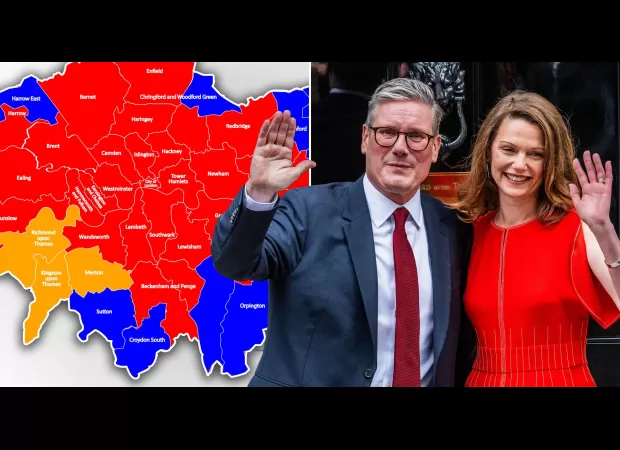 The map displays London's voting patterns in the General Election, revealing a majority of red.