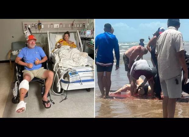 A woman's leg was injured by a shark she mistook for a fish and kicked.