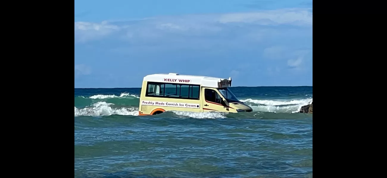 Rising tides sweep ice cream truck into ocean.