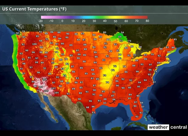 US heat map displays highest temperatures recorded in the country.