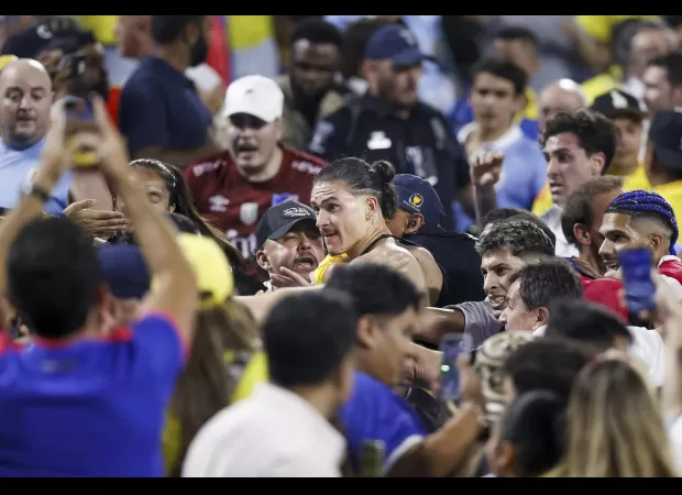 Darwin Nunez, a striker for Liverpool, gets into a confrontation with Colombia fans following their loss in the Copa America.