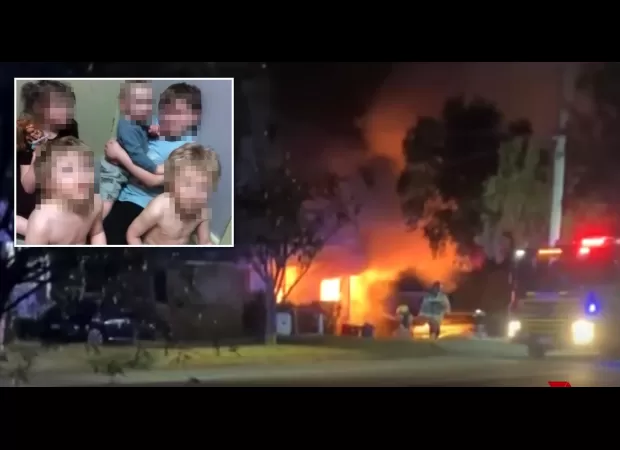 Man locks door, sets house on fire with family inside, killing three children.