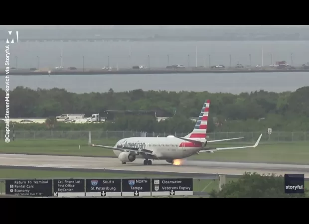 Aircraft's tire catches on fire and bursts while taking off.