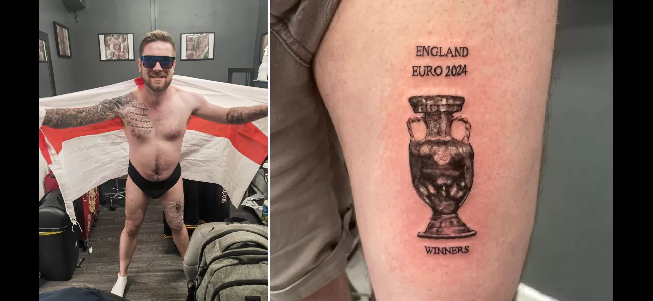English fan tattoos leg with 'Euro 2024 champions' ahead of final.