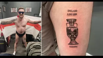English fan tattoos leg with 'Euro 2024 champions' ahead of final.