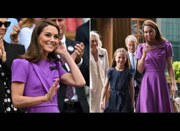 Duchess of Cambridge wows at Wimbledon in £1,295 Safiyaa dress, looking gorgeous in purple.