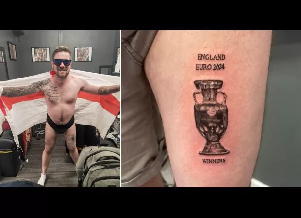 English fan tattoos leg with 'Euro 2024 champions' ahead of final.