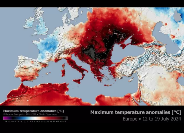A map tracks the route of damaging wildfires during a scorching 44°C heat wave across Europe.