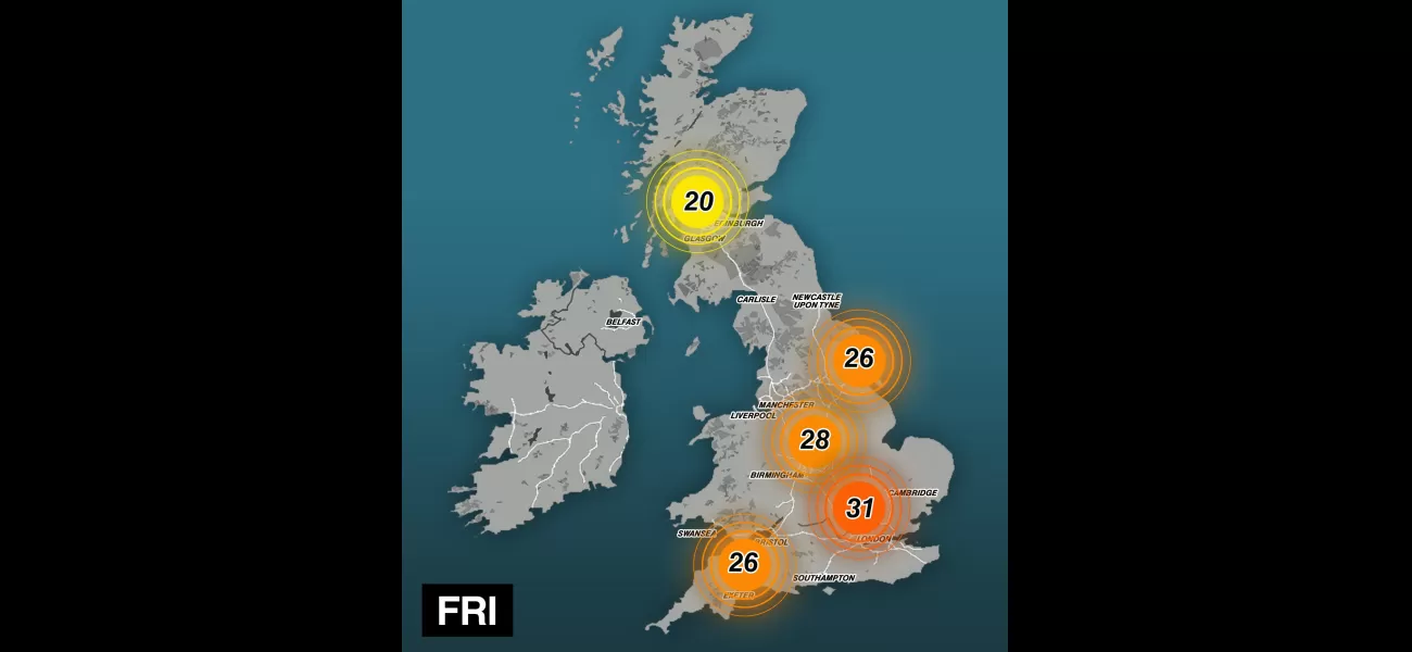 Visual display of hottest areas in UK, with London expected to reach 30°C.