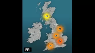 Visual display of hottest areas in UK, with London expected to reach 30°C.