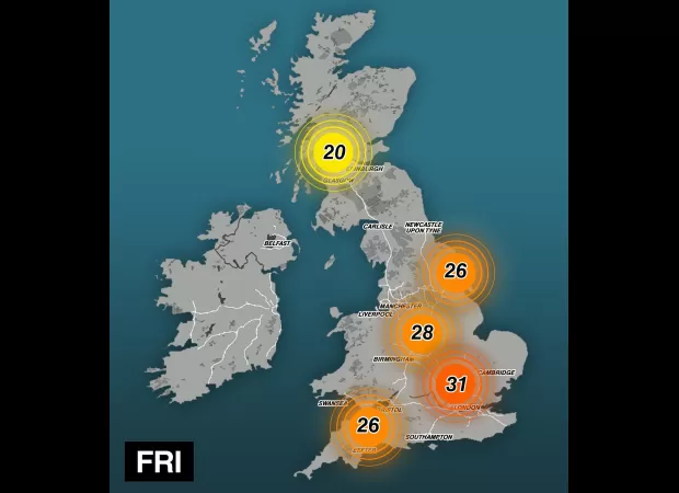 Visual display of hottest areas in UK, with London expected to reach 30°C.
