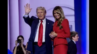 After delivering a speech, Melania unexpectedly joins Trump on stage, displaying a rare moment of affection.