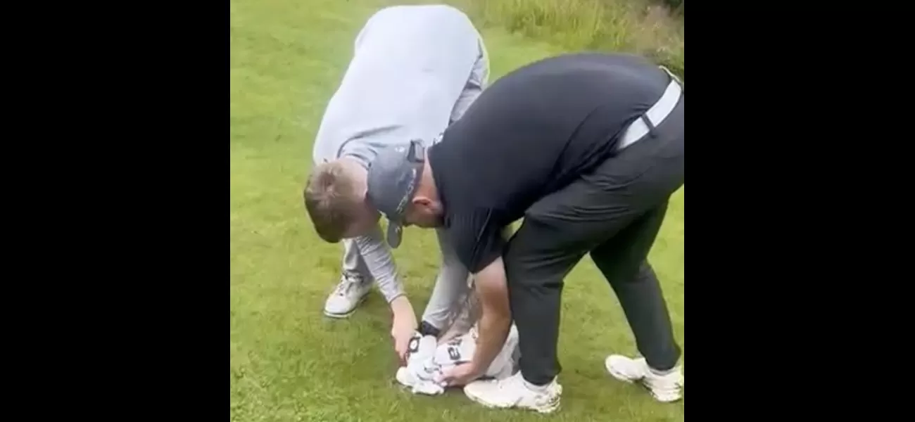 Group of men free seagull caught in net on golf course and give it food from Greggs.