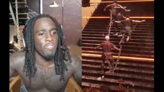 Kai Cenat from Twitch cries after falling dramatically in Chained Together event.