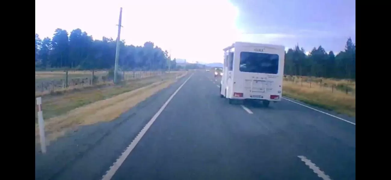 Video captures near-crash between campervan and car on dangerous New Zealand road using dashcam footage.