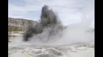 Visitors run from famous park as rocks and water explode.