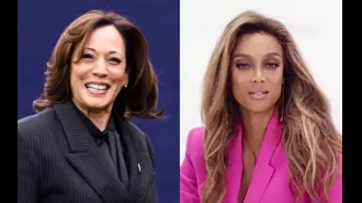 Kamala Harris stops by Tyra Banks' ice cream pop-up and indulges in a scoop.