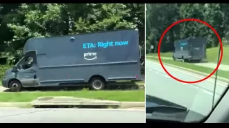 An Amazon delivery driver was caught speeding down a sidewalk in a strange incident.