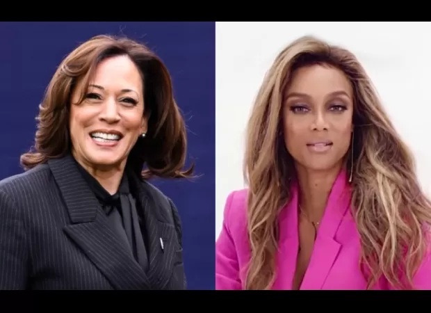 Kamala Harris stops by Tyra Banks' ice cream pop-up and indulges in a scoop.