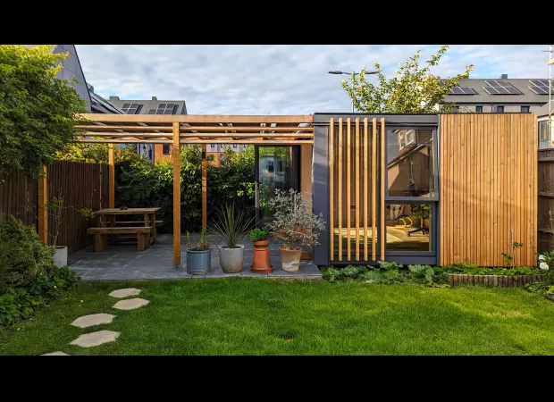 We saved £23,000 by constructing our fancy shed office with discarded materials.