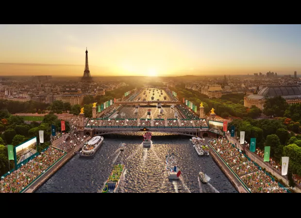 Athletes are participating in the opening ceremony of the Olympics on boats.