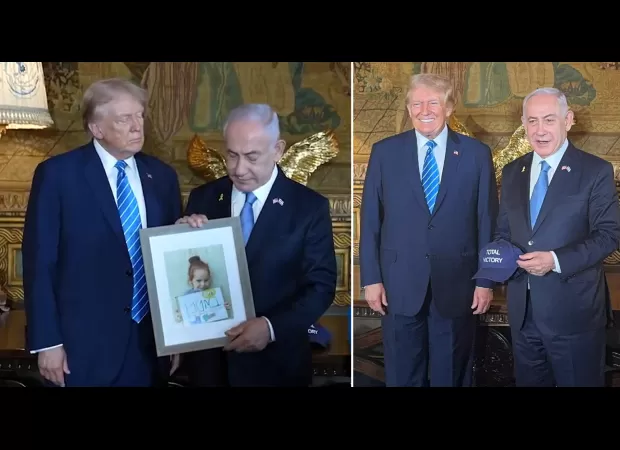 Israeli PM gives Trump a hat and photo of child held captive in Gaza as a symbol of their successful partnership.