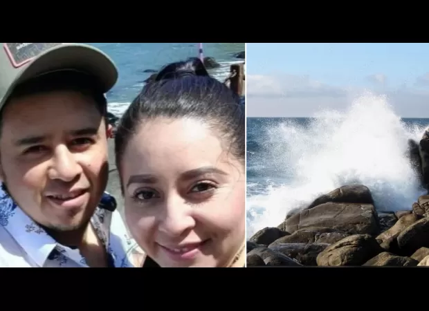 A pregnant woman posing for a picture with her fiancé was pulled into the ocean by an unexpected large wave.