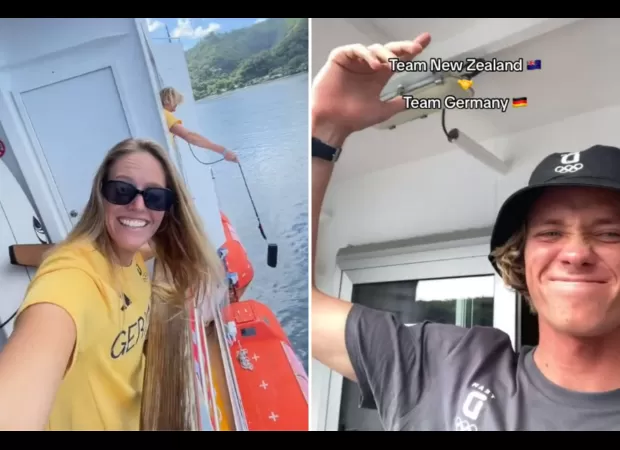 Surfers at Olympics turn floating village into party boat in Tahiti.