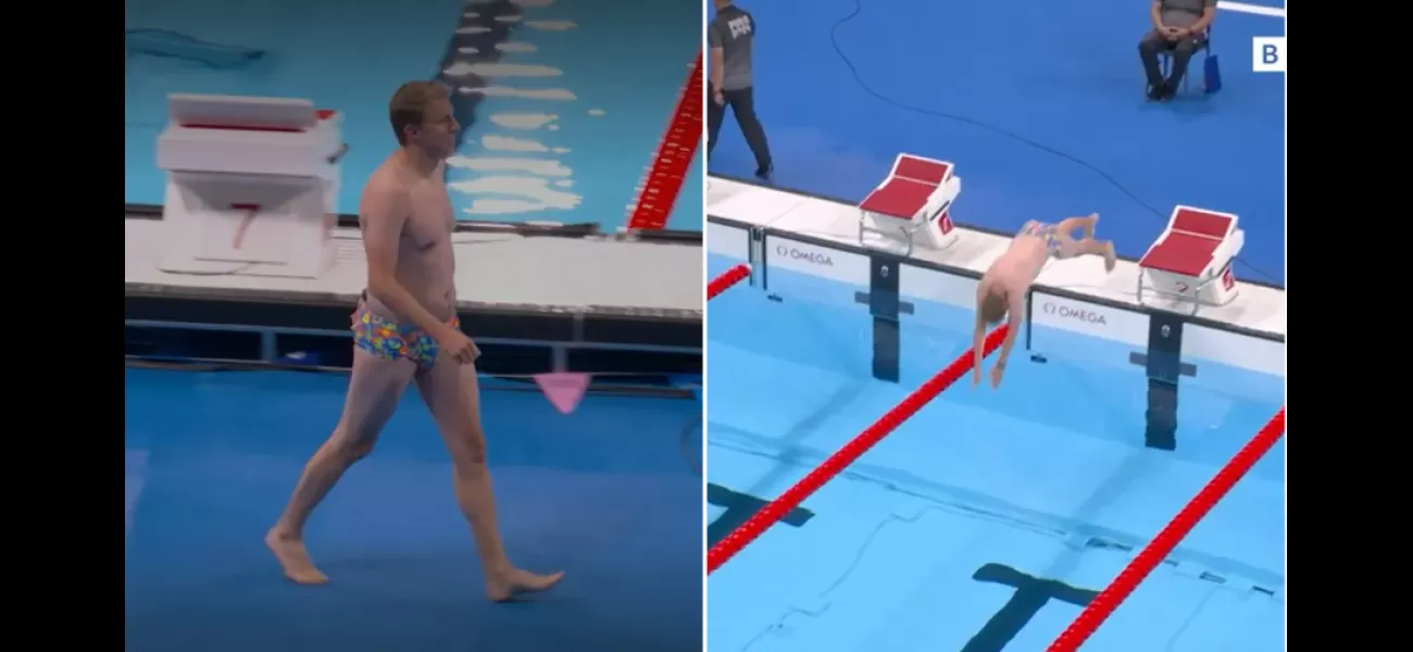An unknown man wearing flashy swim trunks jumps into the Olympic swimming pool.