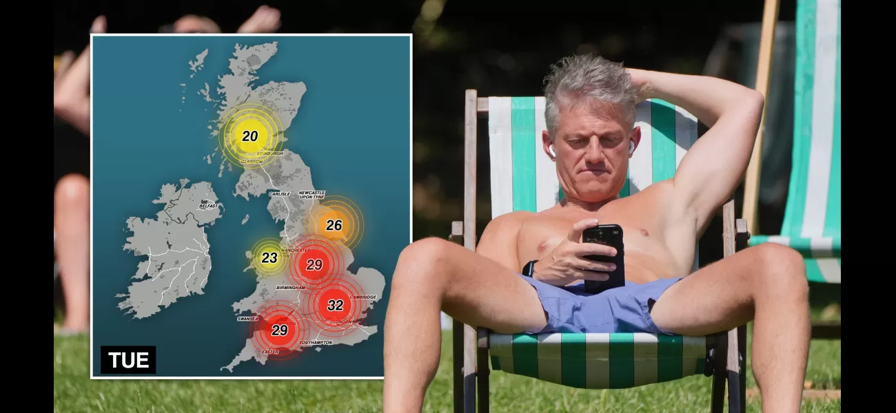 Temperature map for the week with areas expected to reach 32°C highlighted.