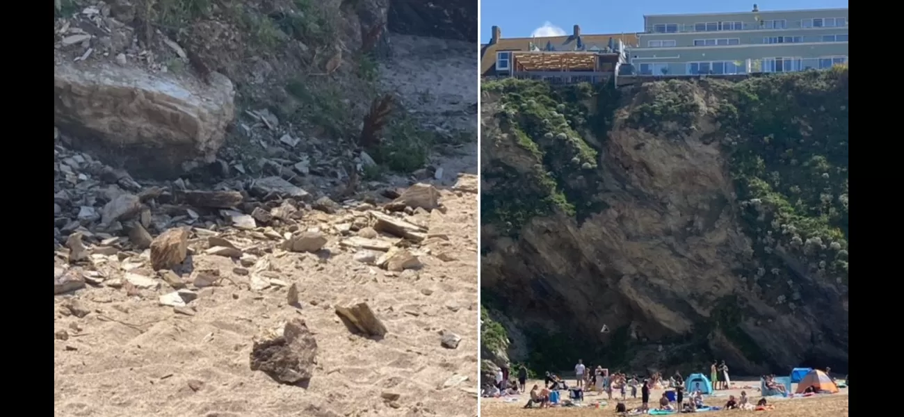 Giant cliff crumbles, nearly hitting sunbathing families.