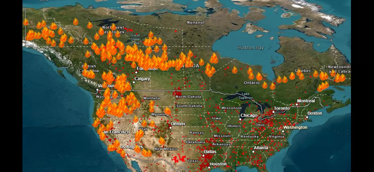 Map displays active wildfires in both US and Canada.