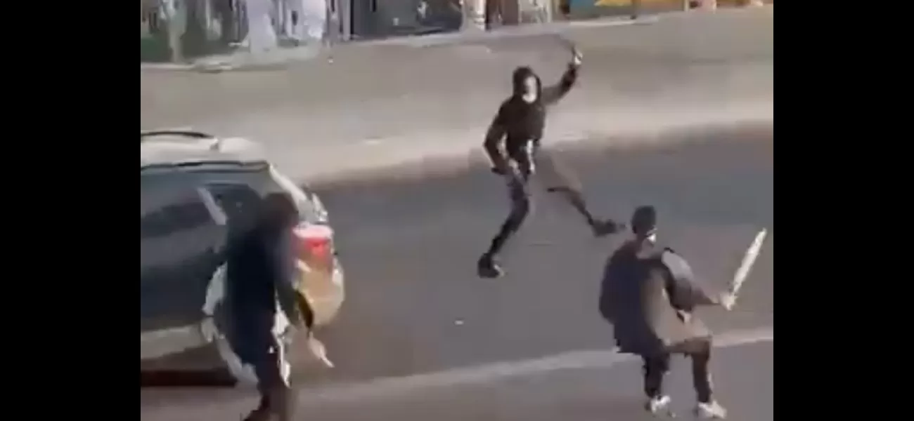 Police monitoring machete fight at beach town amusement park.