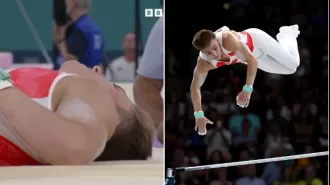 Gymnast suffers equipment malfunction and is thrown during Olympic final, causing fear.