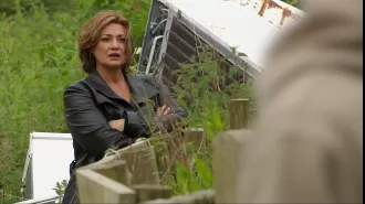 Moira frames an enemy by violently attacking a teenager in the television show Emmerdale.